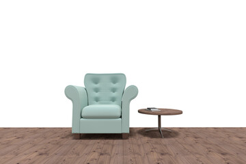 Empty armchair by table on hardwood floor 