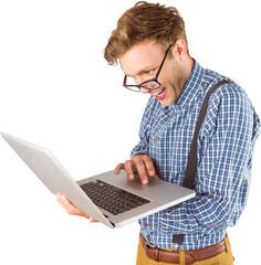 Fototapeta na wymiar Geeky businessman using his laptop