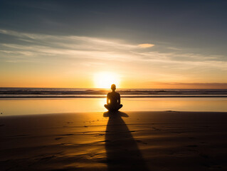 A Person Meditating on a Beach Toward the Sun | Generative AI