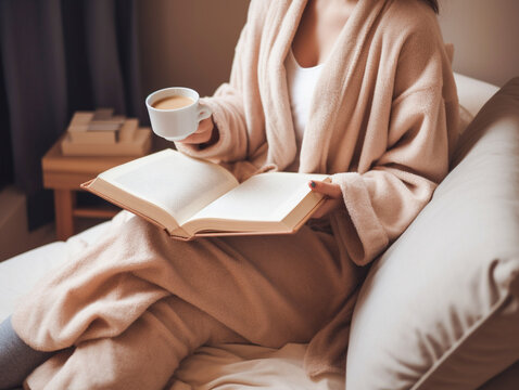 A Woman in a Robe with a Mug and a Book | Generative AI