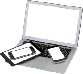 Laptop and mobile phones on white background