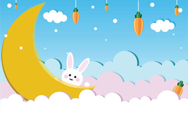 Obraz premium Cute rabbit hiding behind the moon. Easter bunny with clouds. Paper art, Vector illustration. 
