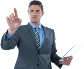 Businessman holding futuristic digital tablet and touching digital screen