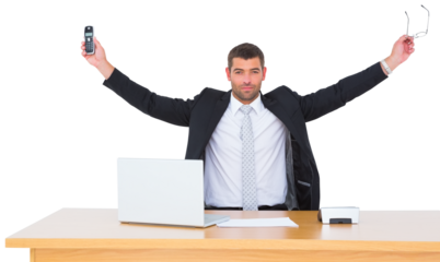 Businessman holding phone and glasses 