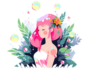Beautiful anime girl with pink hair and flowers in her hair, vector illustration.