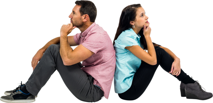 Thoughtful couple sitting on the floor back to back with hands on chins