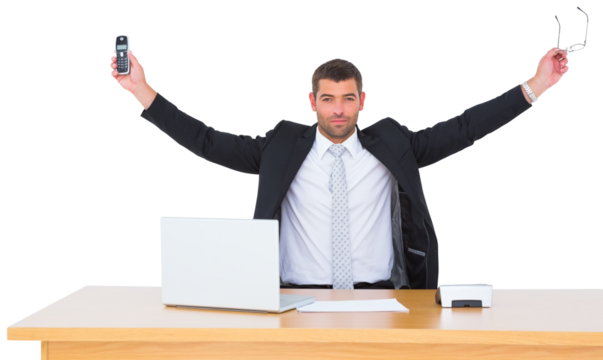 Businessman holding phone and glasses 