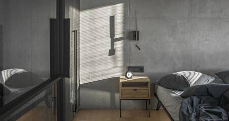 Minimalistic black wall light in modern bedroom interior in grey and black colours, concrete wall...