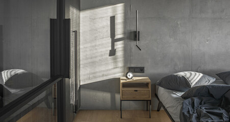Minimalistic black wall light in modern bedroom interior in grey and black colours, concrete wall design, clay wall. Contemporary interior design aesthetics with concrete details
