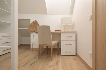 Fototapeta na wymiar A cozy Home interior in warm beige tones in Japanese and Scandinavian Style. Modern Scandinavian wardrobe Interior Design. Japandi Concept
