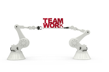 Digitally composite image of robotic hand holding team work