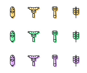 Set line Bottle opener, Salami sausage, Sausage on the fork and Wheat icon. Vector