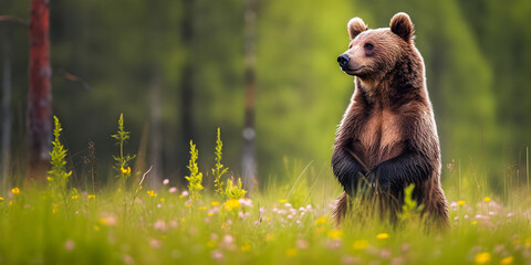 Adorable furry grizzly bear standing in a meadow during spring - generative AI