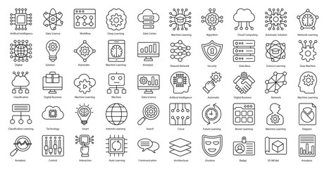 Machine Learning Thin Line Icons Factory Robotics Iconset in Outline Style 50 Vector Icons in Black