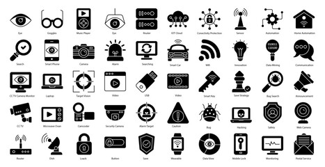 Surveillance Glyph Icons CCTV Camera Security Iconset in Glyph Style 50 Vector Icons in Black