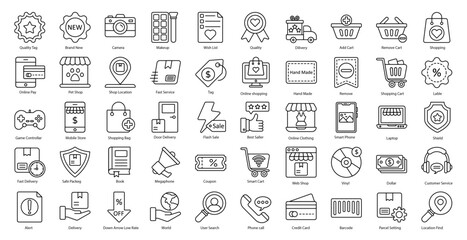 Online Store Thin Line Icons Digital Shopping Shipping Iconset in Outline Style 50 Vector Icons in Black