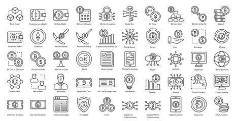 Cryptocurrency Thin Line Icons Crypto Blockchain Bitcoin Iconset in Outline Style 50 Vector Icons in Black