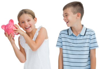 Smiling young girl holding piggy bank