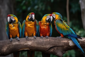 Group Of Macaws Sitting On A Tree Branch. Generative AI