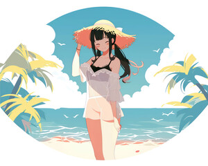 Beautiful anime woman on the beach with hat. Vector illustration.
