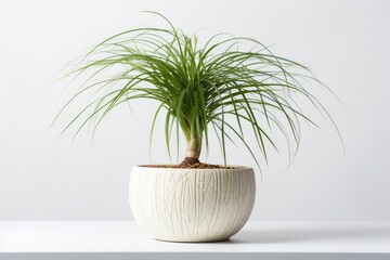 Fototapeta premium Ponytail Palm Beaucarnea Recurvata In A White Pot On A White Background. Generative AI