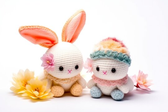 Conigli coniglietti di pasqua amigurumi. Conigli amigurumi, dolci, su sfondo bianco. Alta risoluzione.