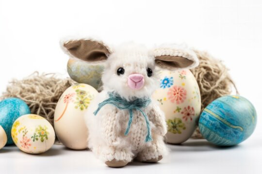 Coniglio di pasqua lavorato a maglia, con uova di pasqua su sfondo bianco, di stoffa, amigurumi, alta risoluzione. 