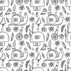 Funny fairy tale snails, houses, mushrooms , leaves, flowers  vector seamless pattern. Cute hand drawn doodle. Suitable for wrapping, decoration, banners, cards, covers.