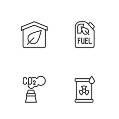 Set line Radioactive waste in barrel, CO2 emissions cloud, Eco friendly house and Bio fuel canister icon. Vector