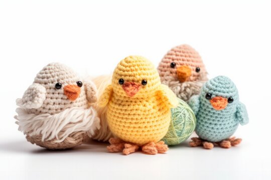 Pulcini e uova Amigurumi. lavorati sll&rsquo;uncinetto. foto alta risoluzione. Pulcini pasquali, di pasqua. Pulcini colorati. Amigurumi pasquali. 
