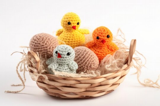 Pulcini e uova Amigurumi. lavorati sll&rsquo;uncinetto. foto alta risoluzione. Pulcini pasquali, di pasqua. Pulcini colorati. pulcini dentro cesto di vimini. 