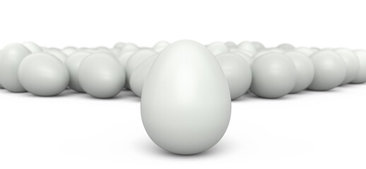Group of farm raw organic white chicken eggs in a crowd on white background