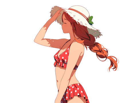Beautiful anime girl in a hat and swimsuit. Vector illustration.