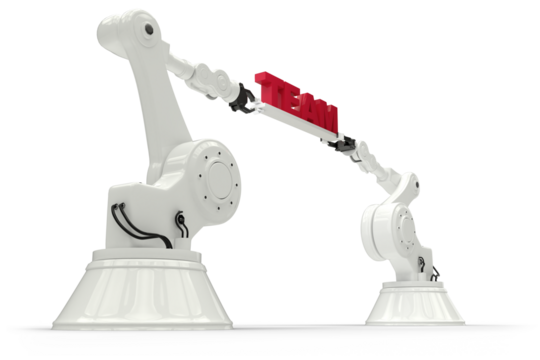 Low angle view of robots holding team text