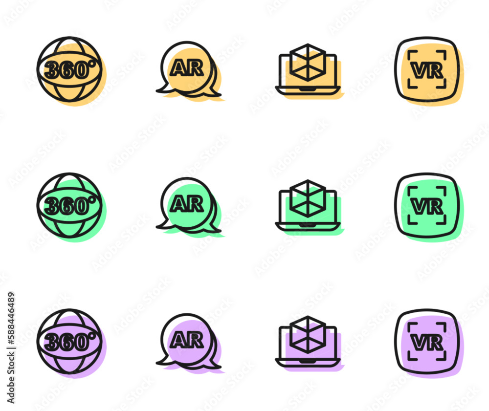 Aufkleber set line 3d modeling, 360 degree view, augmented reality ar and virtual icon. vector