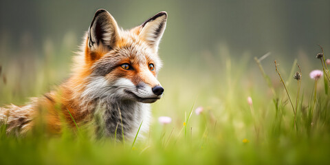 Naklejka premium Adorable fox standing in a meadow during spring - generative AI