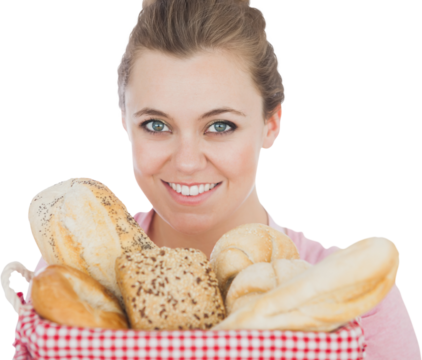 Portrait of smiling maid holding breads in basket