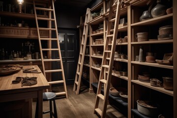 Traditional Wooden Ladders Leading To High Shelves. Generative AI