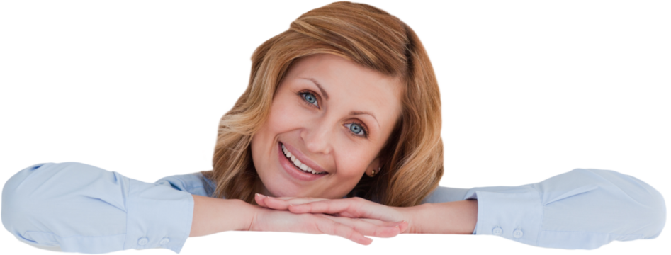 Smiling blondhaired woman standing behind a white board