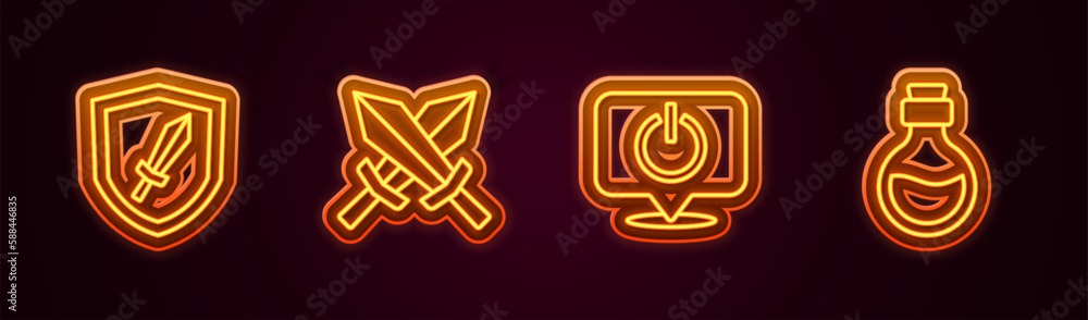 Poster Set line Sword for game, Power button and Bottle with magic elixir. Glowing neon icon. Vector