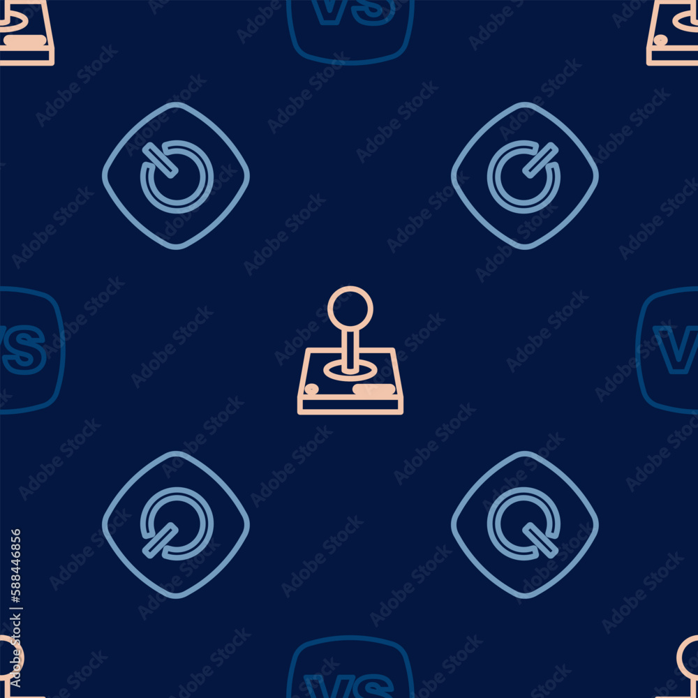 Poster set line vs versus battle, power button and joystick for arcade machine on seamless pattern. vector