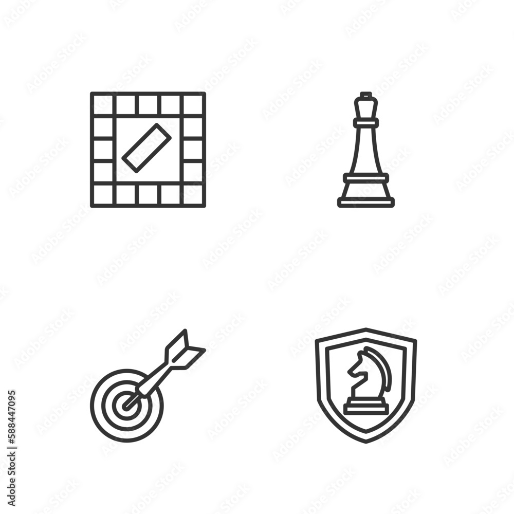 Poster set line chess, classic dart board and arrow, board game and icon. vector