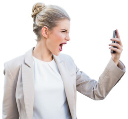 Angry stylish businesswoman shouting at her phone