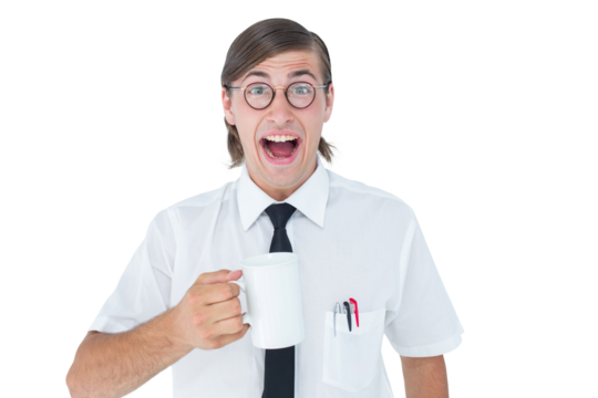 Geeky businessman holding a mug 
