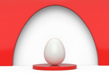 Farm white chicken eggs standing on podium on white background