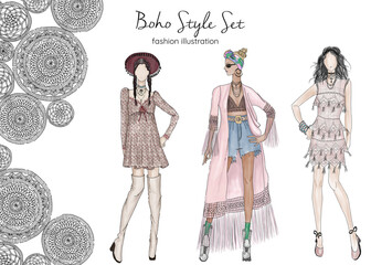 fashion illustration of girls in boho style apparel, sketches in bohemian ethno style made with markers