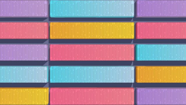 4K animated video. Flat zoom animation. Top view of large multicolored metal container blocks for goods in a port warehouse. Approximation. Distance. The concept of cargo transportation. Loading