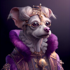 The dog is a queen in a lilac mantle in steampunk style.