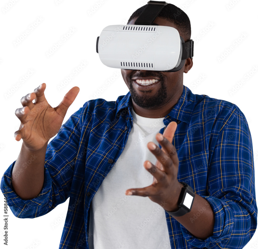 Poster man gesturing while using virtual reality headset