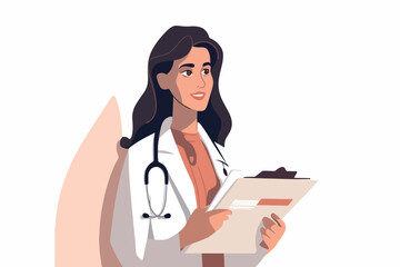Woman doctor holds a medical record and smile on a white background, vector flat illustration, Medical tests concept, Health сare сoncept. Physician Holding a Clipboard.
